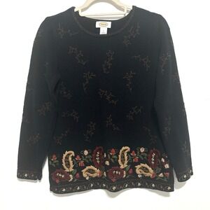 Talbots  Vintage Embroidered Sweater Sz Small Black Floral Paisley Garden Girl